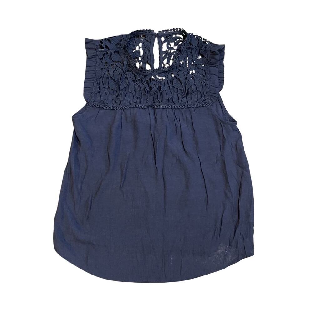 MINE Sleeveless Navy Blue Lace Crochet Bodice Blouse SZ M Casual Bohemian